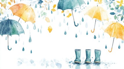 Leinwandbilder - Playful doodle of umbrellas and rain boots creating a whimsical rainy day atmosphere with vibrant colors and cheerful details. Generative AI