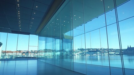 Poster - Modern Glass Architecture in Urban Setting with Scenic View