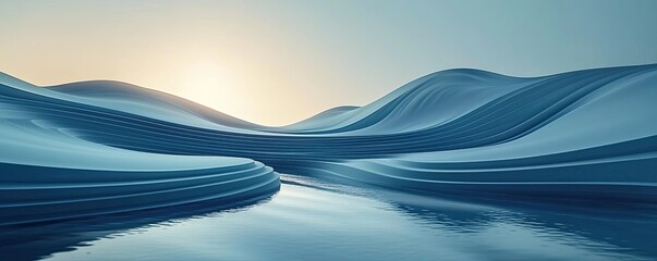 Poster - Waves abstract background idea. Serene blue landscape with flowing curves and a reflective river at sunset.