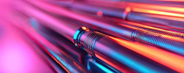 Poster - Metallic abstract background concept. Close-up of metallic tubes illuminated with vibrant neon colors.