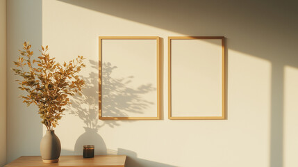 Wall Mural - Golden Hour Mockup: Two vertical blank frames with wooden frames sit on a white wall, adorned with a vase of dried flowers and a candle. The warm glow of the setting sun casts long shadows.