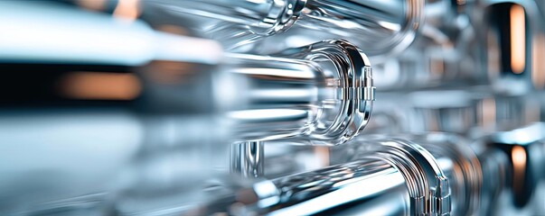 Poster - Metallic abstract background concept. Close-up of transparent glass tubes with intricate designs and reflections in a modern setting.