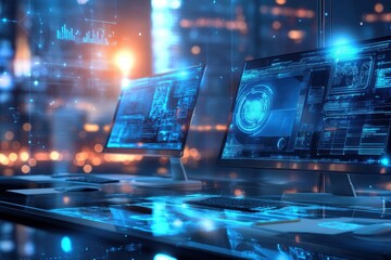 Fototapete - Futuristic workspace with advanced technology in a city at night