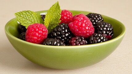 Wall Mural - Fresh raspberries and blackberries in a green bowl.