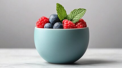 Wall Mural - Fresh raspberries and blueberries in a teal bowl, garnished with mint leaves.