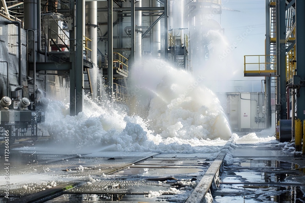 An industrial fire suppression system discharging foam in a factory ...