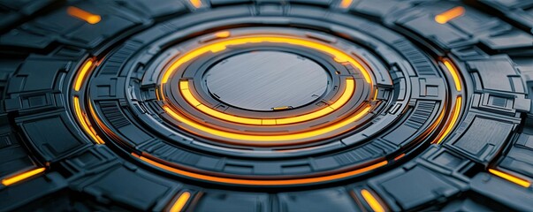 Poster - Metallic abstract background concept. Futuristic circular interface with glowing orange lines and sleek metallic design.