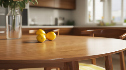 Wall Mural - Elegant wooden kitchen table with lemons, softly blurred background, showcasing modern kitchen design. warm tones create welcoming atmosphere