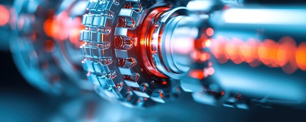 Poster - Metallic abstract background concept. Close-up view of futuristic machinery with glowing elements and intricate details.