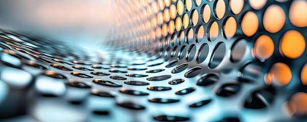 Aufkleber - Metallic abstract background concept. Abstract close-up of a metallic surface featuring circular perforations and warm light.