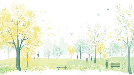 Poster - Playful doodle of a sunlit park filled with cheerful people enjoying a bright day surrounded by blooming trees. Generative AI