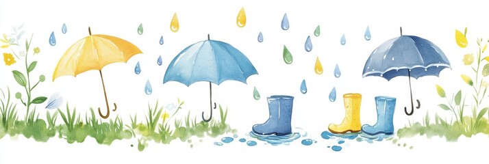 Poster - Colorful umbrellas and playful wellington boots in a whimsical rain doodle scene. Generative AI