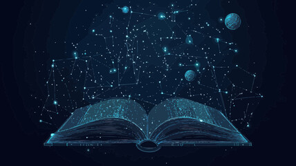 Poster - stellar knowledge: abstract open book as starry sky with planets and stars, vector minimalist svg ar