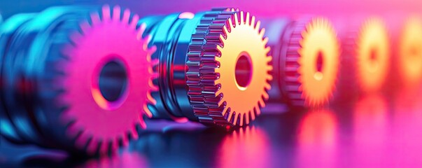 Aufkleber - Metallic abstract background concept. Colorful gears in a row highlighted with vibrant lights for industrial design.