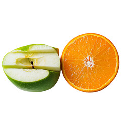 Wall Mural - realistic close-up photo of sliced green apple and orange, white background