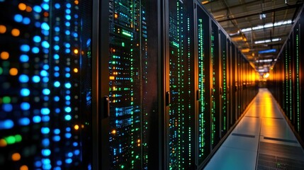 Poster - High-Tech Data Center with Illuminated Servers and Network Cables in a Modern Facility Showing Advanced Technology Infrastructure