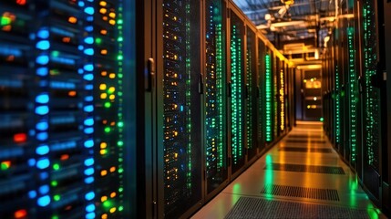 Poster - High-Tech Data Center Interior with Servers and Network Equipment Illuminated by Colorful LED Lights