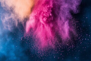 Poster - A vibrant explosion of colored powder creates an abstract closeup of dust particles in a captivating mix of pink, purple, and orange hues against a dark background