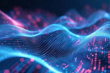 Fototapete - An abstract digital background displaying vibrant flowing waves of light in shades of blue and pink, creating a mesmerizing visual experience that evokes motion and depth in a virtual space