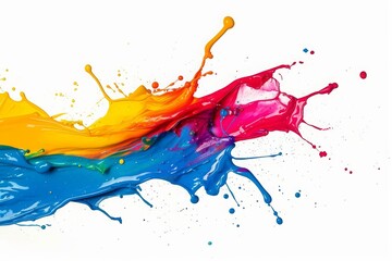 Poster - Vibrant splashes of colorful paint create a lively abstract design against a clean white background, showcasing creativity and artistic expression in a transformed art space
