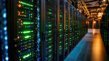 Poster - High-Tech Data Center Surrounded by Glowing Servers and Cables in a Modern Environment