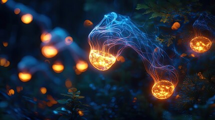 Poster - Smoke abstract background idea. Bioluminescent jellyfish glowing in tranquil underwater scenery, showcasing nature's wonders.