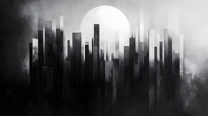 Poster - Abstract Black and White Backgrounds. A stylized grayscale depiction of a city skyline at night, bathed in the pale light of a full moon. The scene is atmospheric and evocative.