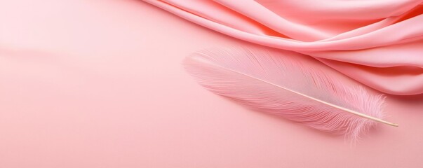 Poster - Feather abstract background concept. A gentle pink feather resting on soft pink fabric, evoking tranquility and softness.
