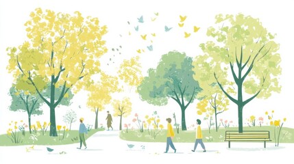 Poster - Playful doodle depicting a lively park scene with people enjoying nature on a sunny day. Generative AI