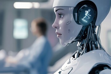 Poster - Futuristic robot with advanced visual display in a high-tech laboratory setting