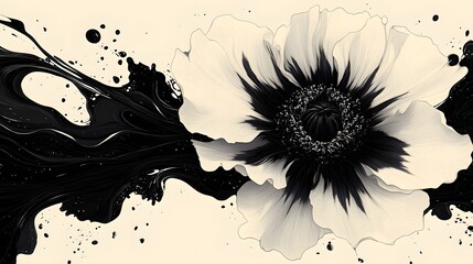 Poster - Abstract Black and White Backgrounds. Abstract poppy flower with black ink splashes. Monochromatic palette, elegant and stylish design.