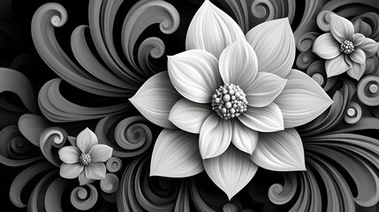 Poster - Abstract Black and White Backgrounds. Stunning grayscale image of large and small flowers with intricate swirling background. Elegant and artistic.