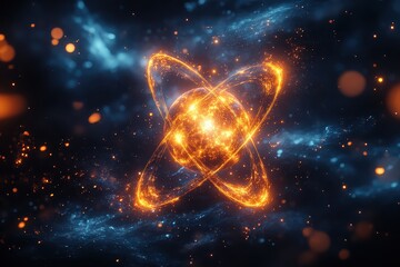 Poster - Splendid illustration of atomic structure with glowing patterns in a cosmic background