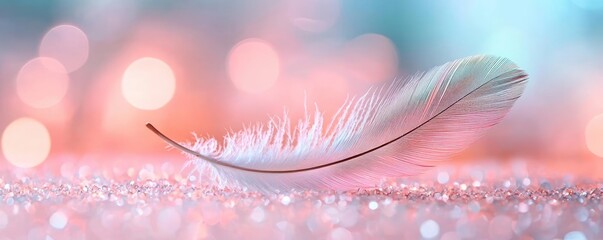 Poster - Feather abstract background concept. Delicate feather resting on a sparkling surface with soft pastel bokeh background.