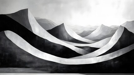 Leinwandbilder - Abstract Black and White Backgrounds. A stylized black and white depiction of a mountain range, showcasing a serene and calm atmosphere. The abstract style emphasizes form and texture.