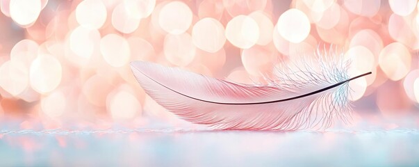 Poster - Feather abstract background concept. A delicate pink feather resting on a soft background with ethereal bokeh effects.