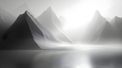 Poster - Abstract Black and White Backgrounds. Serene grayscale landscape of misty mountains and a calm lake. Peaceful and tranquil atmosphere.