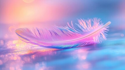 Poster - Feather abstract background concept. A vibrant, colorful feather resting on a shimmering surface, capturing serene beauty.