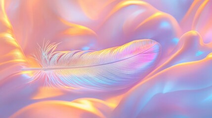 Poster - Feather abstract background concept. A delicate feather rests on soft, colorful, flowing fabric in a serene, dreamy setting.