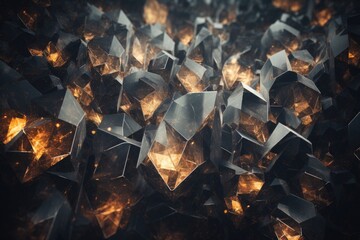 Poster - An intricate pattern of shimmering crystal formations illuminated by golden light creates a mesmerizing display in a dark environment