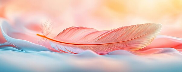 Poster - Feather abstract background concept. A delicate pink feather resting on soft fabric, embodying tranquility and elegance.