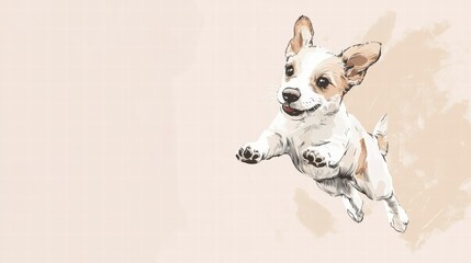 Poster - Joyful puppy jumping in excitement against a soft pastel background during a sunny day outdoors. Generative AI