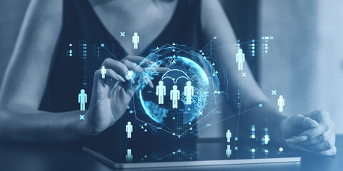 Aufkleber - Digital icons of people with a holographic globe, symbolizing social media connections and networking on a modern interface.