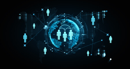 Aufkleber - Digital representation of human network connections with glowing nodes and lines on a dark background. 3D Rendering