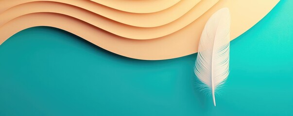 Poster - Feather abstract background concept. Minimalist abstract design featuring soft waves and a delicate feather on a teal background.