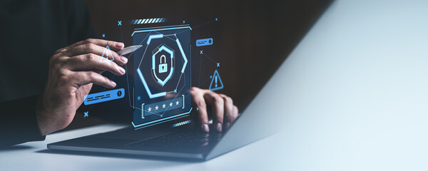 Poster - Cybersecurity concept with hands interacting with holographic lock icon.