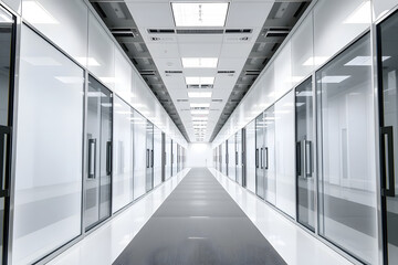 a long, white office corridor with stainless steel doors, glass walls, lighting on the ceiling. the 