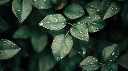 Wall Mural - 1. Close-up of fresh green leaves with water droplets glistening in natural light