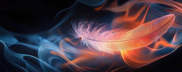 Poster - Feather abstract background concept. A colorful feather emerging from swirling flames and smoke, embodying transformation.