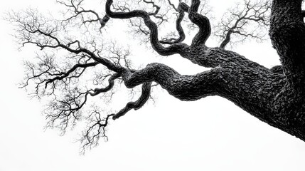 Poster - Abstract Black and White Backgrounds. Low angle black and white shot of an ancient oak tree, showcasing intricate branches against a bright sky.